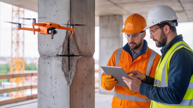 Engineers using drone for structural inspection of damaged concrete pillar. Civil workers analyzing building defects on digital tablet at construction site.