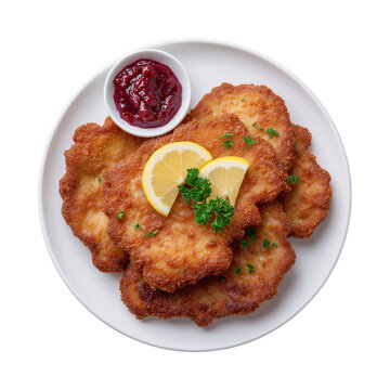 Wiener schnitzel, thinly pounded breaded veal cutlet fried crisp in clarified butter, served with lemon wedge isolated on transparent background. Dish on the plate for menu, cafe, design.
