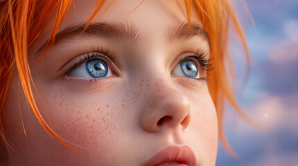 Fototapeta premium Close-up of young girl with red hair and freckles looking up. Child with blue eyes and bright hair against soft sky background.