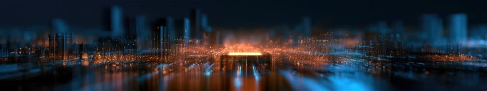 Panoramic Looped Animation of a Glowing Microchip Cityscape with Blue and Orange Circuit Board Technology Lights