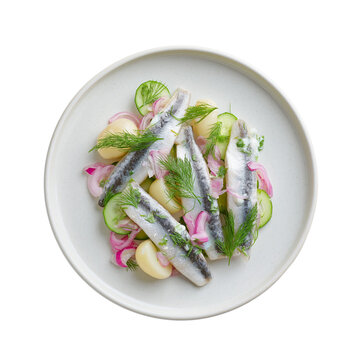 Minimalist top view of mild-cured matjes herring fillets with tart apple, onion, sour cream and dill, isolated on transparent background. Dish on the plate for menu, cafe, design.
