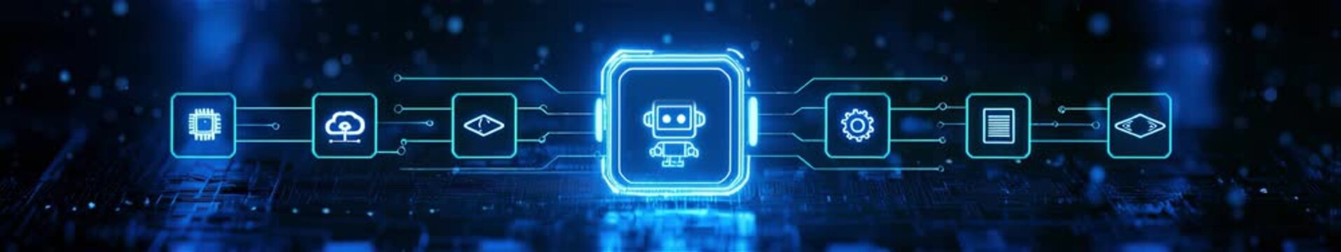 Widescreen Looped Animation of AI Automation Hub Connecting Cloud, Code, Settings and Data Services on a Digital Circuit Board