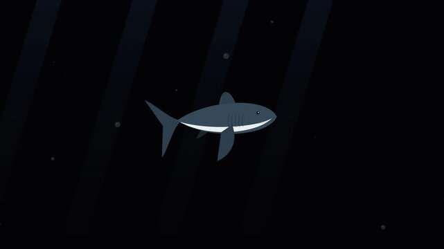 Animated shark swimming in deep dark blue ocean water with rays