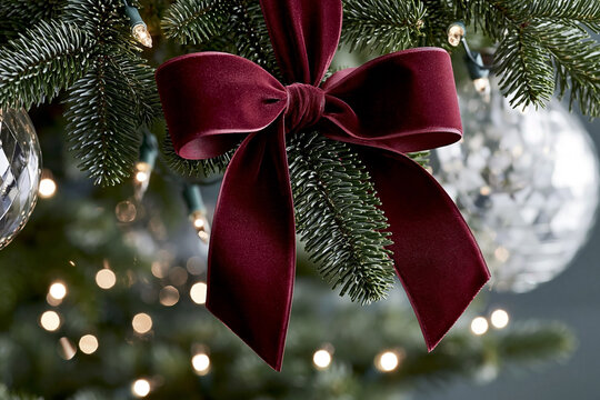 Red velvet bow tied on a Christmas tree branch adorned with glass ornaments and soft glowing lights creating a festive holiday atmosphere