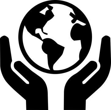 Black and white icon of hands holding planet earth representing environmental protection and international ozone layer conservation
