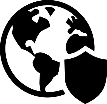 Black and white earth globe icon with shield symbol representing environmental protection and ozone layer conservation awareness