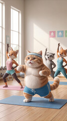 Fototapeta premium Obese ginger cat practicing yoga in group class with foxes and raccoon. Anthropomorphic animals exercising on mats in bright gym studio.