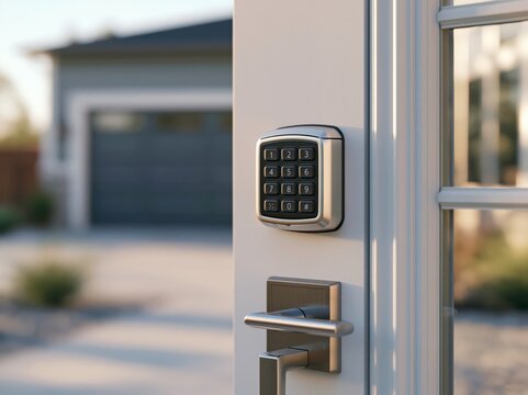 Modern smart lock on exterior door with blank keypad viewed from a distance showing full door and setting