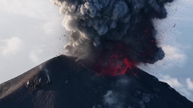 Aerial view of Volcan de Fuego erupting with smoke and ash rising above the clouds in Yepocapa, Chimaltenango Department, Guatemala.