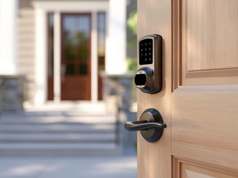 Modern smart lock on an exterior door with a blank keypad and no visible text in clear focus