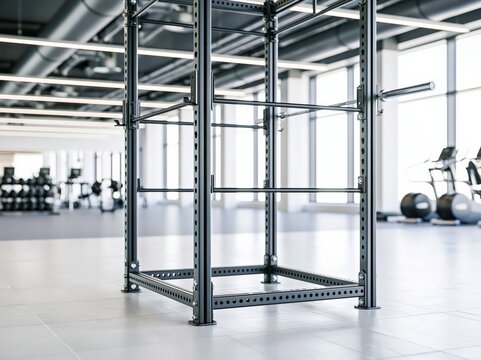 Modern squat rack in bright gym setting with empty space for fitness activities
