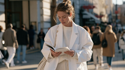 Fototapeta premium Psychiatrist reviewing patient notes outside a clinic entrance on a busy city street, the aftermath of a session evident in a closed notebook and thoughtful posture, pedestrians