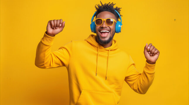 Joyful young black man dancing while listening to music with headphones. Excited male wearing yellow hoodie and sunglasses enjoying favorite playlist against bright background.