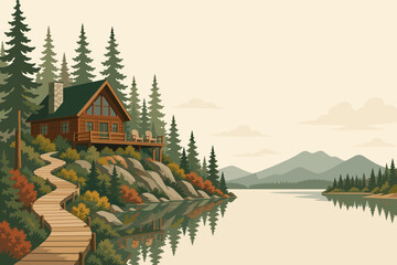 Obraz premium Pine Cabin Overlook Vector Seasonal Website Hero