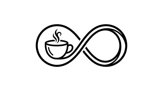 Minimalist Infinity Symbol Combined with Hot Steaming Coffee Cup for Cafe Branding and Logo Design