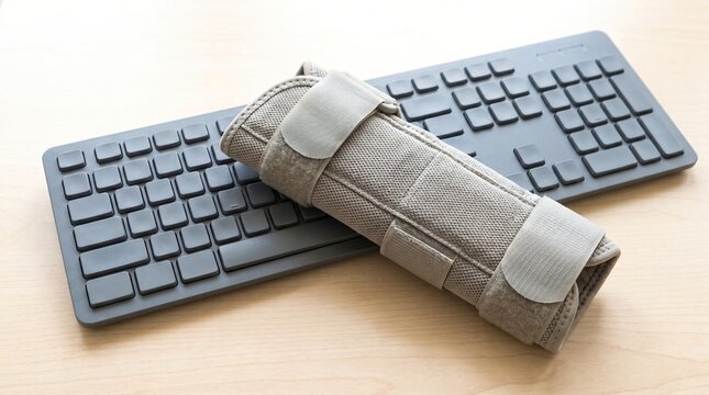 Repetitive Strain Injury: Rigid Wrist Support Brace Resting Across a Computer Keyboard