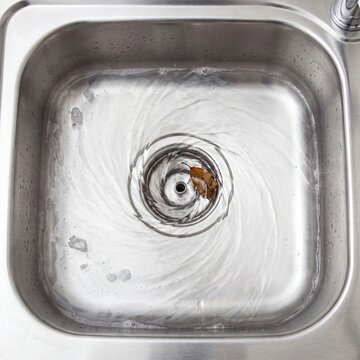 Water Spiralling Into a Square Steel Sink Drain as a Downward Spiral Metaphor