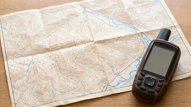 Paper Topographic Map Beside a Handheld GPS Unit as a Backup and Redundancy Metaphor