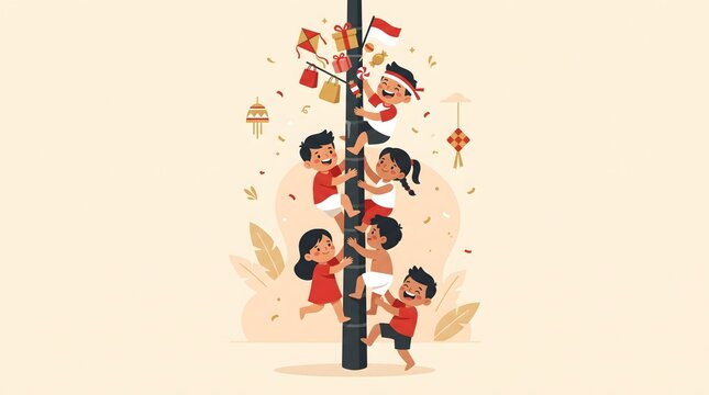 Children climbing areca nut pole competition illustration for Indonesian Independence Day celebration
