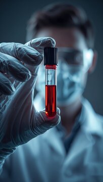 Laboratory technician in protective gear holding a test tube with a red blood sample for clinical analysis.