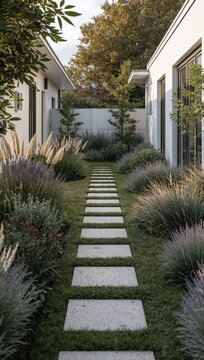 Modern residential stone stepping stone path leading through a landscaped garden courtyard between minimalist white houses.