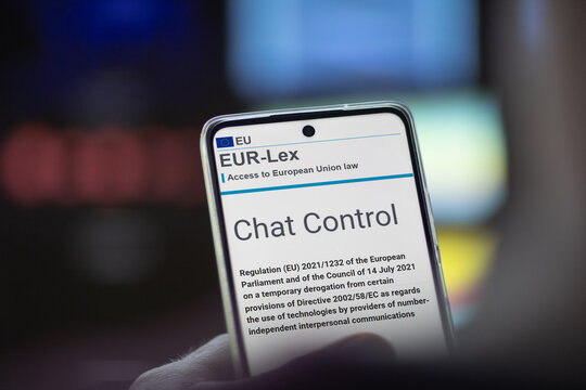 August 5th 2026, Europe. EUR-Lex website header with the title Chat Control and text referring to European Union law and regulation on interpersonal communications against a blurred background.