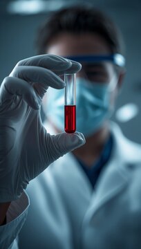 Laboratory technician in protective gear holding a test tube with a red blood sample for clinical analysis.