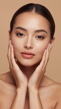 Natural beauty portrait of a young woman with flawless glowing skin gently touching her face, showcasing healthy skincare and cosmetic wellness.