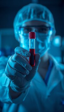 Healthcare professional in full protective equipment holding a blood sample test tube, representing clinical diagnostics, laboratory testing, and infectious disease research.