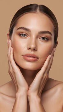 Natural beauty portrait of a young woman with flawless glowing skin gently touching her face, showcasing healthy skincare and cosmetic wellness.