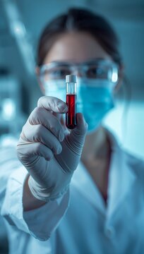Healthcare professional in full protective equipment holding a blood sample test tube, representing clinical diagnostics, laboratory testing, and infectious disease research.
