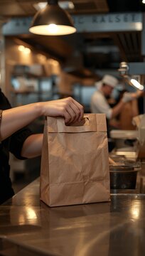 Barista handing over a paper takeaway bag at a cozy coffee shop counter, representing food delivery, takeaway service, and small business hospitality.