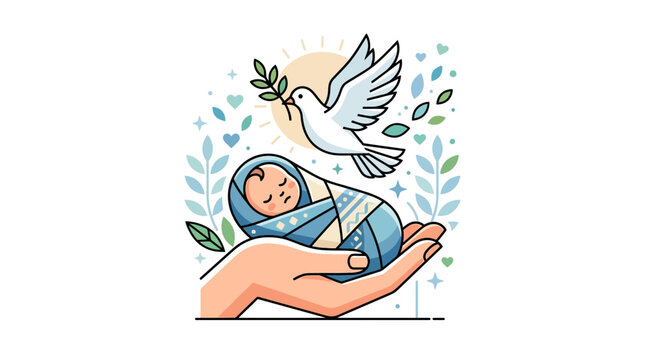 Newborn baby held in protective hands with a peaceful white dove flying above as a symbol of hope and new life in a soft illustration