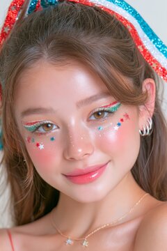 4th of july makeup Close-up beauty portrait of a brunette woman wearing glittery red, white and blue eye makeup with star decorations and colorful patriotic hair ribbons.