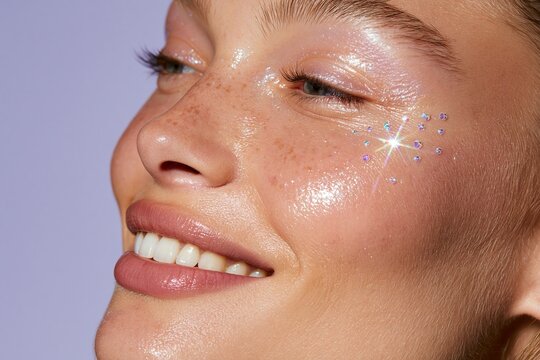 Close up of a woman with dewy skin and rhinestone detail on cheekbone, showcasing a radiant smile against a soft purple background
