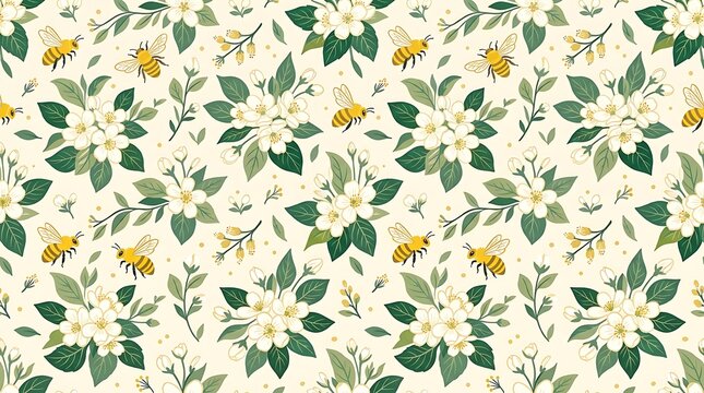 Seamless pattern with white spring blossoms and honey bees