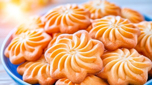 Close-up of golden brown butter cookies with decorative swirled flower shapes, arranged on a blue plate in warm natural light.