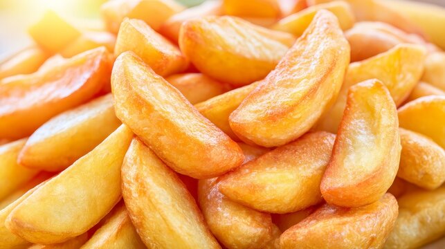 Close-up background filled with golden thick-cut French fries and potato wedges, highlighting crispy fried surfaces and warm appetizing texture.
