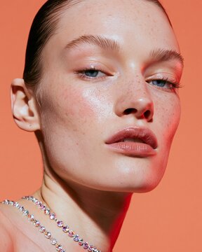 Female beauty portrait featuring a model with clear skin and rhinestone necklace, set against a vibrant orange background highlighting facial features and makeup