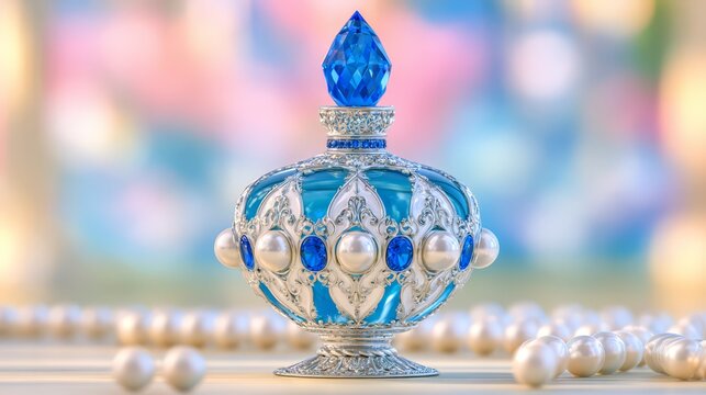 Luxurious blue and silver perfume bottle decorated with pearls and sapphire-style gemstones, representing elegant fragrance, glamour and premium beauty packaging.