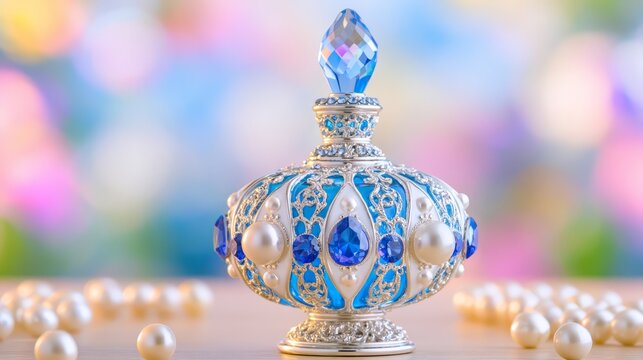 Luxurious blue and silver perfume bottle decorated with pearls and sapphire-style gemstones, representing elegant fragrance, glamour and premium beauty packaging.