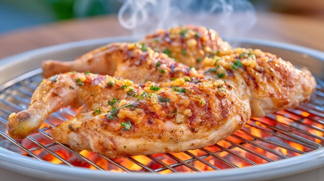 Whole butterflied chicken grilling over glowing charcoal, covered with herbs and savory seasoning, with golden roasted skin and rising steam.