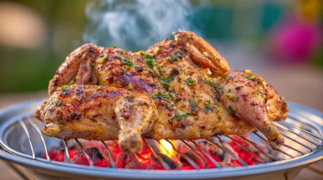 Whole butterflied chicken grilling over glowing charcoal, covered with herbs and savory seasoning, with golden roasted skin and rising steam.