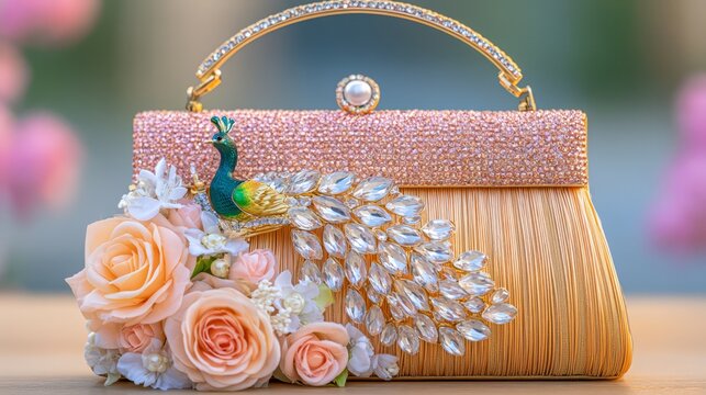 Elegant gold evening handbag decorated with peach roses, crystal leaves and a jeweled peacock, representing luxury fashion, bridal accessories and glamorous design.