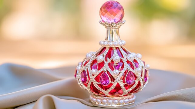 Ornate red and pink perfume bottle decorated with pearls and sparkling gemstones, creating an elegant luxury fragrance concept with romantic feminine styling.