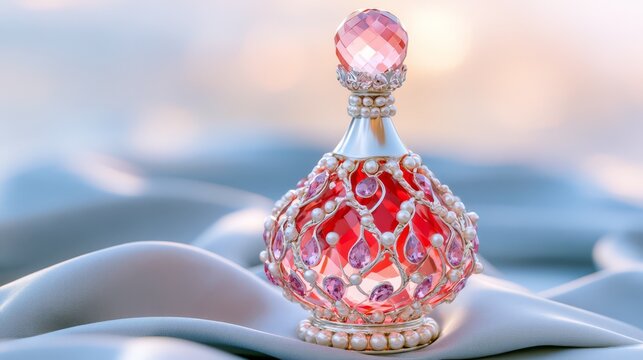 Ornate red and pink perfume bottle decorated with pearls and sparkling gemstones, creating an elegant luxury fragrance concept with romantic feminine styling.
