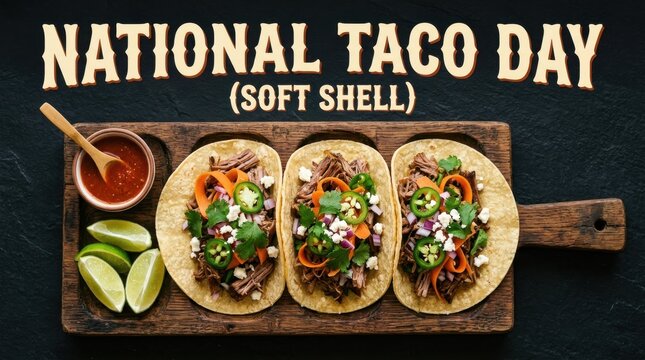Soft Shell Tacos With Toppings On Wooden Board Food Photography mexican street culinary cuisine lunch dinner meal still life flat lay overhead shot