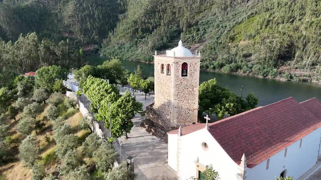 Sunlit Drone Orbit Around the Templar Tower in Dornes, Portugal