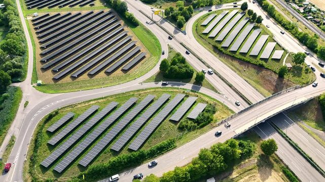 Aerial view of a solar park with rows of photovoltaic panels situated next to a highway interchange in Tubingen, Baden-Wurttemberg, Germany.