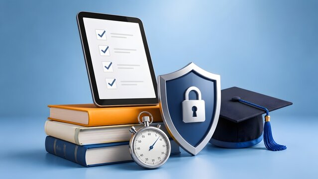 Online education security and success concept, with a tablet checklist, books, graduation cap, and shield, representing protected academic achievement and progress.